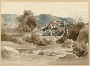 Italian Landscape with Stream, Trees, and a House by the Road and Rugged Rock Formation. Camel near Sora by Ernst Fries