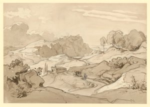 Italian Landscape with Rocky Hills and Trees, a Hut and Figures by the Path by Ernst Fries