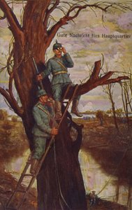 Good News for Headquarters, German soldiers observing the battlefield and reporting to Headquarters via a field telephone, World War I, 1915 by Ernst Heilemann