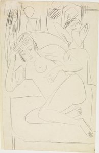 Female Nude Crouching in an Armchair with Wooden Figures by Ernst Ludwig Kirchner
