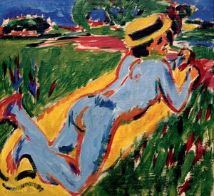 Blue Nude Reclining with Straw Hat by Ernst Ludwig Kirchner by Ernst Ludwig Kirchner