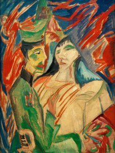 Soldier and Girl Between Colorful Curtains by Ernst Ludwig Kirchner