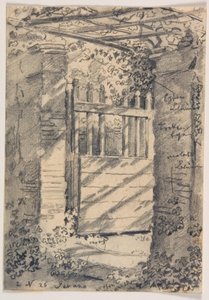 An Open Garden Gate Overshadowed by Vine Leaves