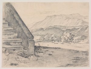 View with a Staircase on the Left and a Mountain Landscape on the Right