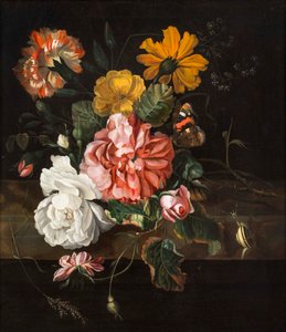 Roses with a Butterfly, Bluebottle and a Snail on a Stone Ledge