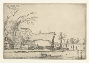 Farm by Frozen River with Skaters (Horizontal Landscapes) by Esaias van de Velde