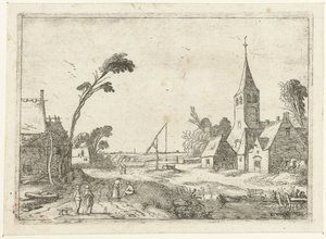 Village Scene with Farms, Church, and Well