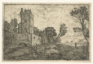 High square tower behind a wall by a canal by Esaias van de Velde