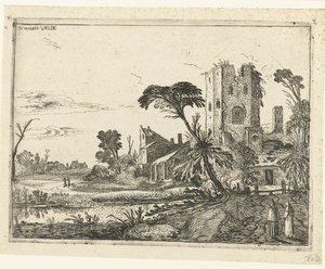 Two Monks on a Path by a Ruined Tower (Lying Landscapes series) by Esaias van de Velde