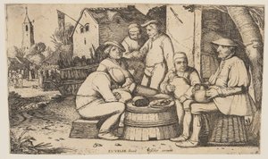 Six Peasants Using a Barrel Butt as a Table by Esaias van den Velde I