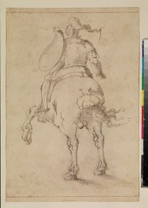 Mounted soldier seen from behind