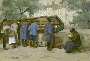 French Soldiers and Bouquinistes Along the Seine, 1917 by Ethel Hunter