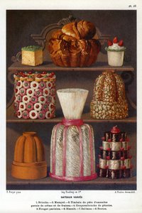 Cakes vary: brioche, lack, timpani of almond paste topped with cream and strawberries, croquenbouche de genoise, Parisian nougat, biscuit, sultane, Breton - Plate No. 2 from the Patisserie Book by Jules Gouffe, officer de bouche du Jockey-Club de Paris