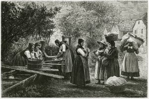A laundry in Metzeral, women wearing traditional vallee costumes gather at the village fountain. Engraving to illustrate the story 
