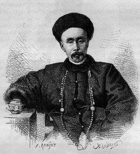 Portrait of Li Hongzhang (1832-1901), Chinese general and viceroy of Zhili from 1871 to 1895 and from 1900 to 1901. Engraving from a drawing by Ronjat, from a photograph by Thomson, in Le Tour du Monde, Nouveau journal des Voyages, edited by Edouard Charto