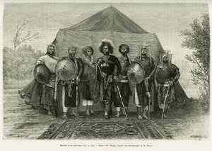 Portrait of Prince Menelik II of Ethiopia surrounded by his generals (engraving by Ronjat, after a photograph, to illustrate the story 