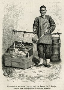 The sugar merchant hitting a flat drum to draw attention to his dried apricots, candied apples and caramel berlingots, walking the Oriental Flower Gate of the Imperial Palace in Peking. Engraving after the drawing of E. Ronjat, to illustrate the journey to