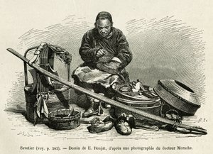 The traveling saver repairs the boots but also the harnesses of the cars of the senior officials of the palace, at the foot of the Oriental Flower Gate of the Imperial Palace in Pekin. Engraving after the drawing of E.Ronjat, to illustrate the journey to P