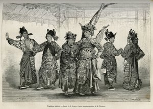 Tragedians of a Pekinese theatre, specialising in historical and mythological dramas. Engraving after the drawing of E.Ronjat, to illustrate the journey to Pekin and North China, by T.Choutze, in 1873, published in Le tour du monde 1876, edited by Ed by Etienne Antoine Eugene Ronjat