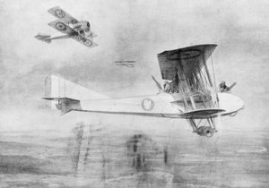 Three-seated aeroplane on a photographic mission, protected by a Spad fighter aircraft by Etienne Cournault