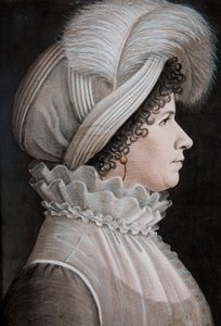 Portrait of a woman wearing a hat decorated with a feather