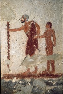 An Old Man Accompanied by a Young Man (Detail, 530 BC) by Etruscan