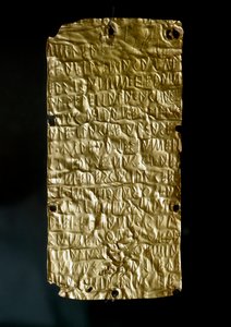 Tablets of Pyrgi in gold engraved with inscriptions in Etruscan language dedicated to the United Goddess. End 6th-beginning 5th century BC. Rome, Museo Nazionale di Villa Giulia