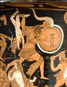 Bell crater representing the destruction of Troy: detail depicting Neoptoleme throwing Astyanax over the walls
