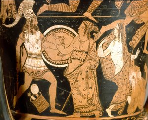 Etruscan antiquity: crater in bell representing the destruction of Troy: (detail) by Etruscan