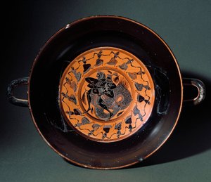 Etruscan antiquity: terracotta cup representing the fight between Heracles and the marine monster Triton. From Tarquinia
