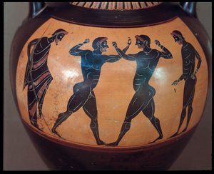 Etruscan Civilization: Terracotta amphora decorated with a scene of pugilism, detail, 550-500 BC, from the Tomb of the Warrior at Vulci, Italy by Etruscan