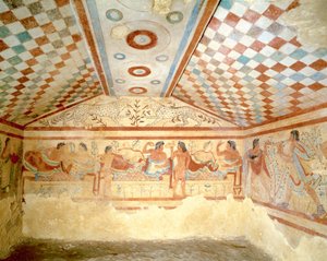 Etruscan Tomb of Leopards, fresco showing banquet scene, Tarquinia. 5th century BC, Italy