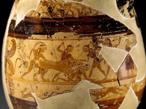 Etruscan antiquity: olpe in clay (pear shaped jug with a trumpet-shaped high collar) known as Olpe Chigi in polychrome protocorynthian style decorated by the painter of Macmillan, 640-630 BC. (Detail) depicting a scene of lion hunting. From Veio. Rome, Mus