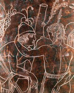 Etruscan art: (detail) of the bronze Ficoroni Cistus representing the legend of the Argonauts. From Preneste (Palestrina). 340 BC. Museo Nazionale di Villa Giulia, Rome