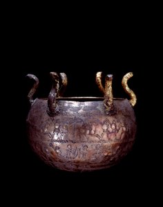 Etruscan civilization: small silver vase with snakes from the princely tomb called Bernardini a Preneste