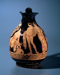 Etruscan Civilization: Terracotta Oenochoe Decorated by the Workshop of the Painter of Alcesti Representing a Young Man Sitting Talking with Two Other People Standing, 360-340 BC from Tarquinia, Italy