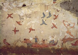 Fishermen in a boat and birds flying, from the Tomb of Fishing and Hunting, c.520-510 BC