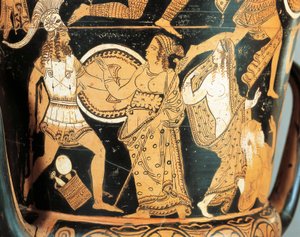 Red-figure pottery, detail of krater depicting Menelaus faced by Aphrodite as he reaches Helen, from Civita Castellana, ancient Falerii, Rome province, Italy by Etruscan