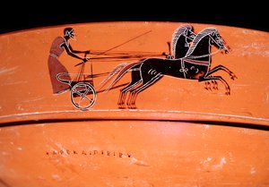 Terracotta vase (detail) representing a chariot drawn by two horses, 4th century BC by Etruscan