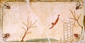 Diver, circa 480-490 BC, decorative fresco from cover slab of Tomb of Diver at Paestum, Campania, Italy, 5th Century BC