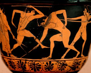 Pyxis Decorated with a Palestra Scene, Athletes Practicing Javelin Throwing, Cerveteri, Rome, Museo di Villa Giulia by Etruscan Etruscan