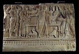 Etruscan antiquity: Plaque of funerary cippe. Exhibition of the deceased on her funeral bed. Paris, Musee Du Louvre