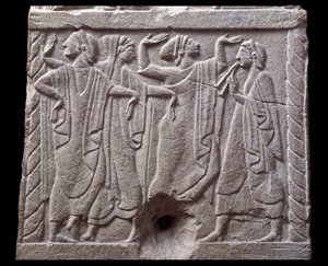 Relief with dancers from a marble milestone of Chiusi, Italy, 6th Century BC by Etruscan Etruscan