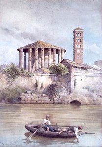 The Temple of Hercules from the River Tiber, Rome by Ettore Roesler Franz