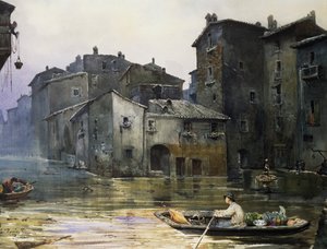 Via della Fiumara flooded in Rome (by Ettore Roesler Franz) by Ettore Roesler Franz