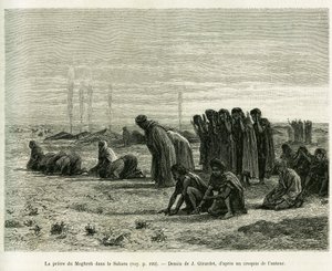 The Moghreb prayer in the Sahara. Engraving by J.Girardet, to illustrate the story 