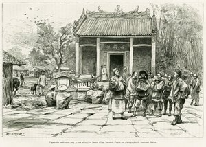 Conferences Pagoda, Monkay (engraving by Eugene Burnand, to illustrate the story Sur les frontières du Tonkin, by Doctor P.Neiss, in le tour du monde 1888)