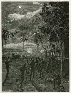 Dr. Harmand awakens in the middle of the night by the noise of the rifles of the indigenous Khas, shooting at the moon subjected to an eclipse, at Attopeu (Laos), engraving by Eugene Burnand, to illustrate the story of Laos and the wild populations of Indo by Eugene Burnand