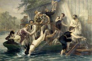 Ah! The beautiful head, a Sunday by the water. Woman diving in a swimsuit in the water in the 19th century under the laughter of amused sailors. A woman in a boat protects herself from scratches with her umbrella. Engraving by Eugene Guerard. Private Colle