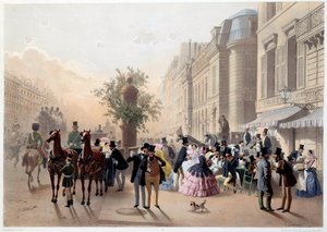 Boulevard des Italians, Cafe Tortoni in Paris in the 19th century (Engraving by Eugene Guerard)
